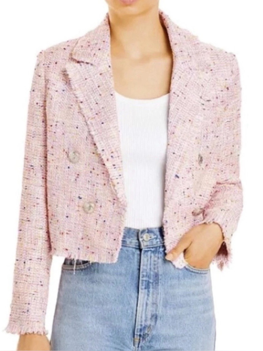 Aqua Pink Multi Tweed Double Breasted Cropped Blazer Jacket L